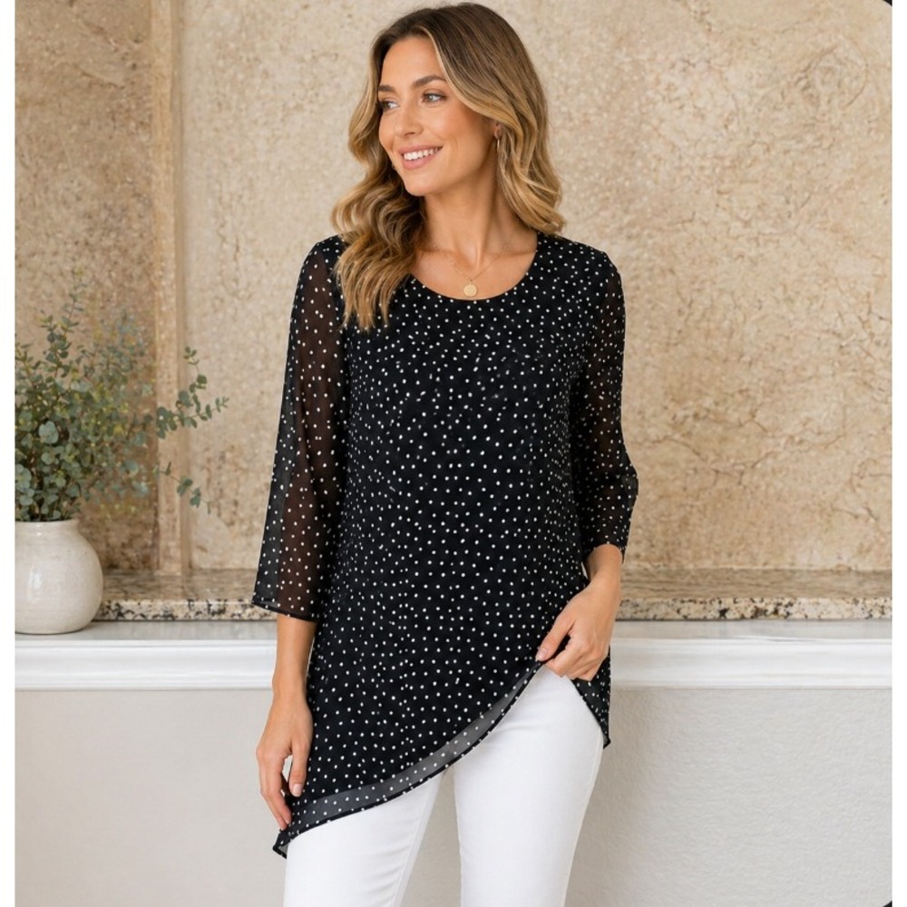 Chico's Travelers Top Tunic‎ Shirt Women's 1 Medium Black Polka Dot Asymetric